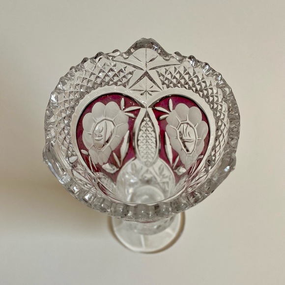 Vintage Floral Ruby Red Crystal 3 Footed  Hand Cut Candy Dish - Picture 6 of 6